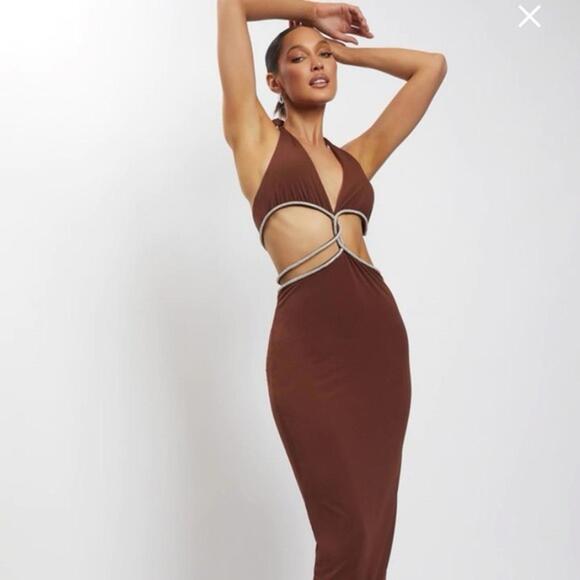 Meshki Nicha Diamante Cut Out Maxi Dress - Chocolate - Picture 2 of 8
